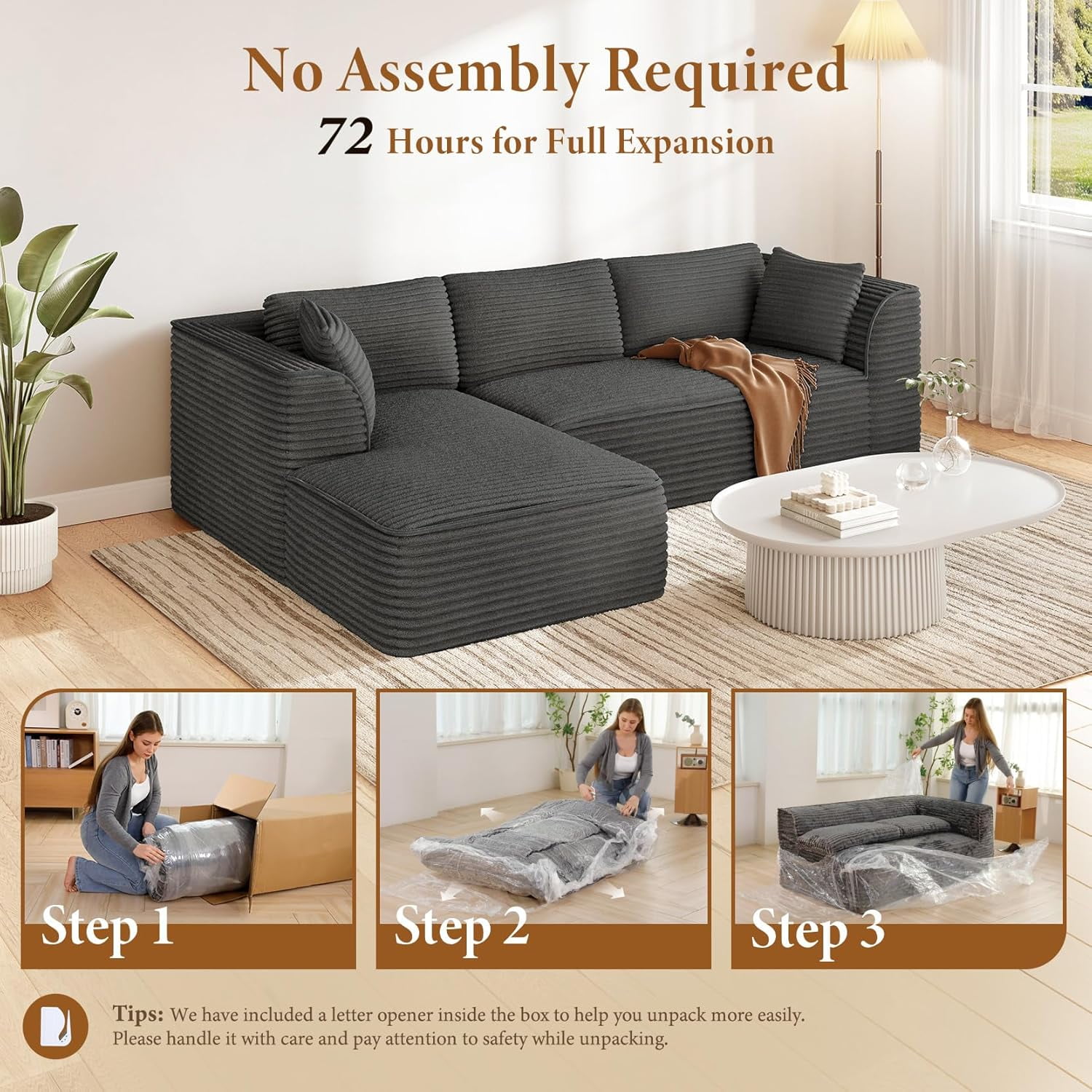 Neche 106" Boneless Couch with Chaise, Deep Seat Comfy Cloud Modular Sofa Corduroy Memory Foam Sectional Couches for Living Room Bedroom, No Assembly Required (Grey, Left-Facing Chaise)