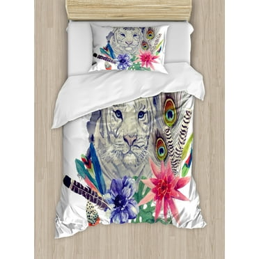 Tiger Duvet Cover Set Twin Size, Retro Inspired Symbols Ethnic Montage with Contrasting Colors Anemone Majestic Feline, Decorative 2 Piece Bedding Set with 1 Pillow Sham, Multicolor, by Ambesonne