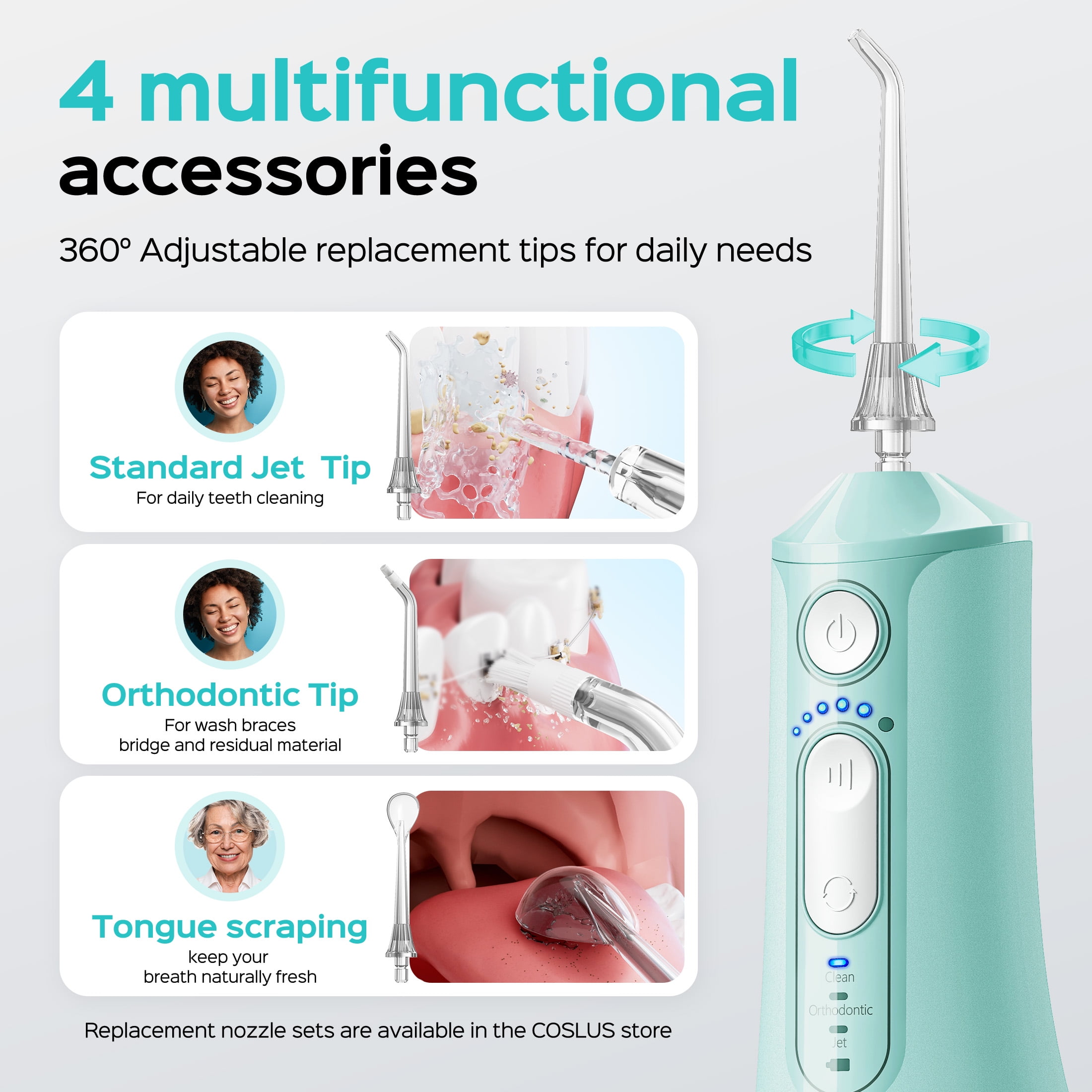 COSLUS CX51 Portable Water Flosser for Teeth,3 Modes 6 Intensity Professional Electric Water Dental Pick for Sensitive Gums, Braces for Travel Home Green