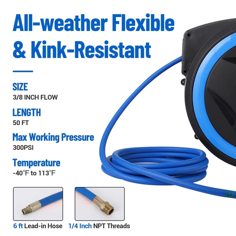 Towallmark Air Hose Reel Retractable, 50 Ft Heavy Duty Compressor Hose Reel, Wall Mount 180° Swivel, 1/4" Out 3/8" In, 300 PSI, Lightweight PP Steel Frame, For Garage Workshop
