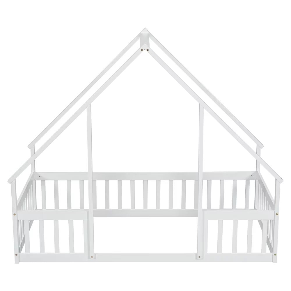 Twin Floor Bed for Kids Toddlers, Wooden Montessori Bed Frame with Roof and Fence Guardrails, Playhouse Bed Tent Bed for Boys Girls Bedroom, Easy Assembly, White