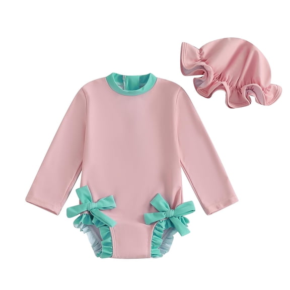 Infant Baby Swimsuit One-Piece Bathing Suit Toddler Kids Long Sleeve RuffleButts Rash Guard with Hat Set Zipper Beach Wear