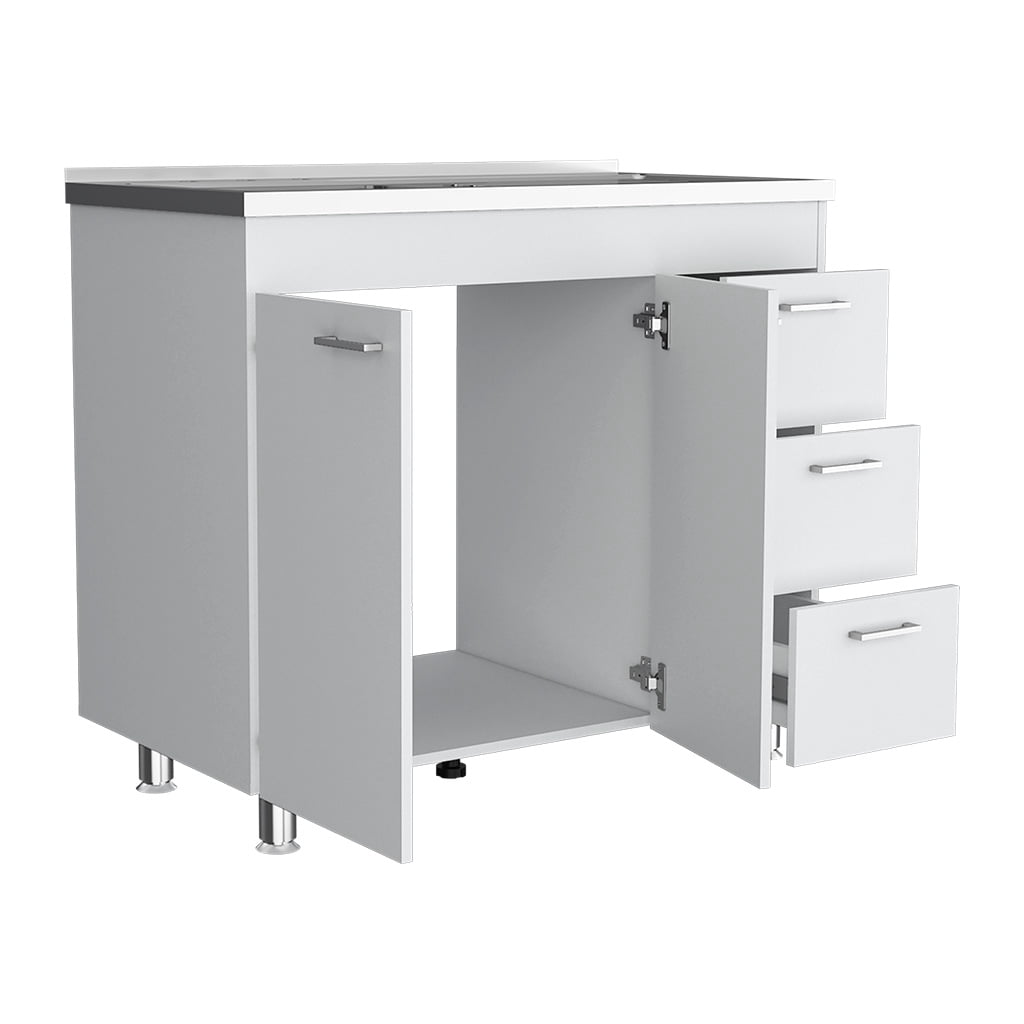Izzovium Utility Sink Kisco Kitchen Cabinet with Two-Door & Three Drawers, 20.67"L x 39.37"W x 35.43"H, White Particle Board, Easy Assembly, Faucet Hole Included