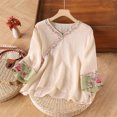 thumbnail image 2 of Women's Plus Size Linen Embroidered Tops with Buttons 3/4 Sleeve V Neck Casual Dressy Blouses for Spring Fall Summer (L, Beige), 2 of 3