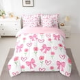thumbnail image 2 of Feelyou Kawaii Cartoon Bow Bedding Comforter Set 7 Pieces for Girl, Cute Princess Ribbon Full Bedding Set, Pink Love Heart Reversible Fitted Sheet Flat Sheet, Microfiber Bedroom Decor, 2 of 7