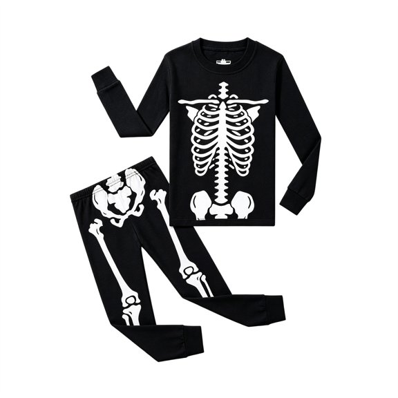 CAIVO Kids Halloween 2 Piece Pajama Sets Skeleton Print Long Sleeve O-Neck Tops & Pants Boys Girls Soft Sleepwear Homewear