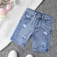thumbnail image 2 of ZACPNCV Girls Ripped Hem Jean Shorts High Waist Straight Leg Distressed Denim Shorts with Pockets Dark Blue 6-7 Years, 2 of 7
