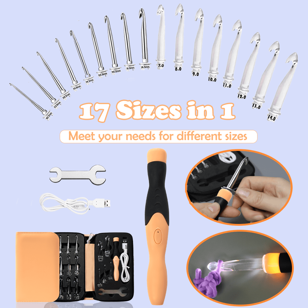 Yarniss 17 Size Lighted Crochet Hooks Set 2.5 mm to 14.0 mm, Plastic&Metal Rechargeable Light Up Crochet Hooks with Case