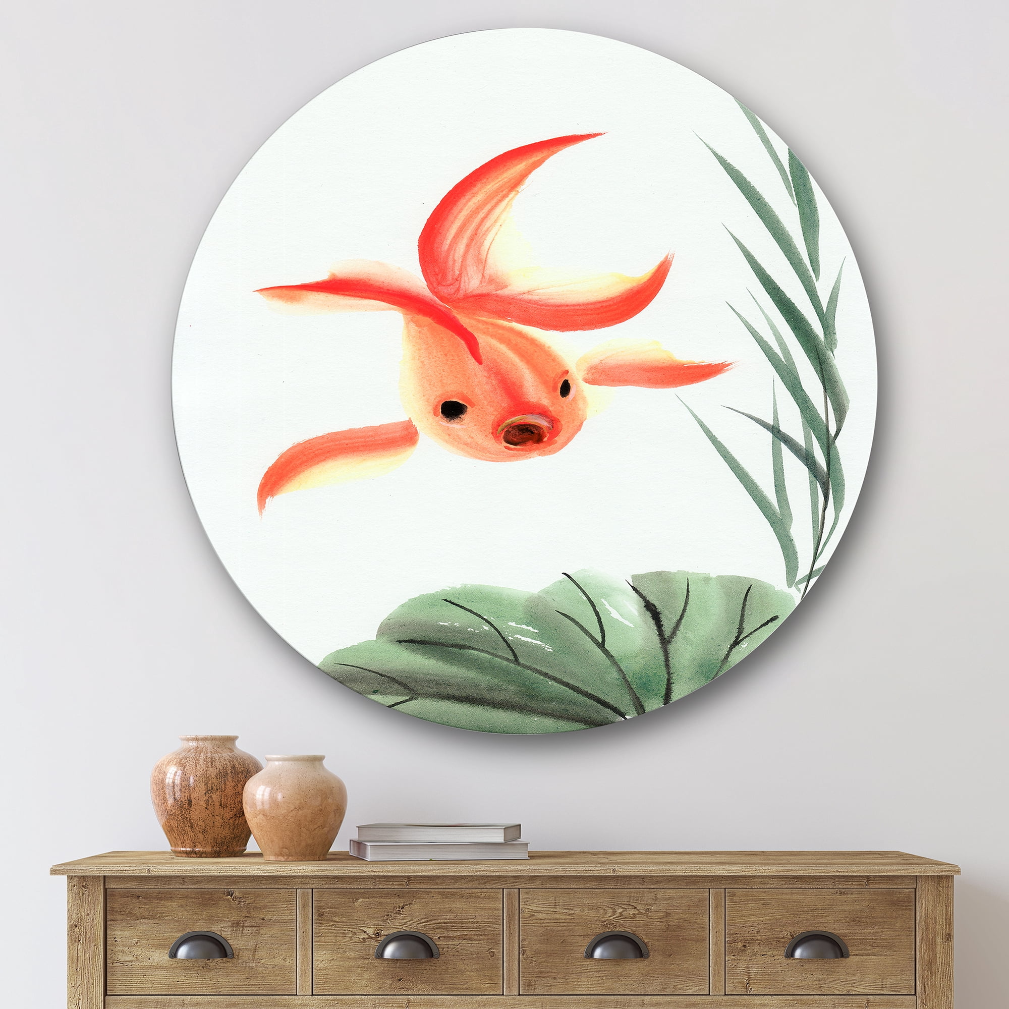 Designart 'Ancient Goldfish and The Lotus Leaf' Nautical & Coastal Circle Metal Wall Art 36x36 - Disc of 36