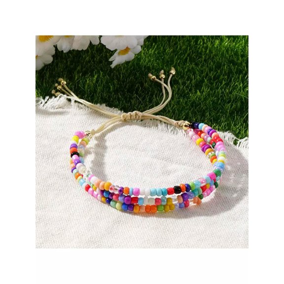 QQTDFG 1pc Bohemian Mix-Color Rice Beaded Elegant Adjustable Pull Cord Bracelet-default