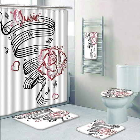EREHome Pencil Drawing Romantic Hourglass Symbol of Eternal Love with Roses  5 Piece Bathroom Set Shower Curtain Bath Towel Bath Rug Contour Mat and  Toilet Lid Cover