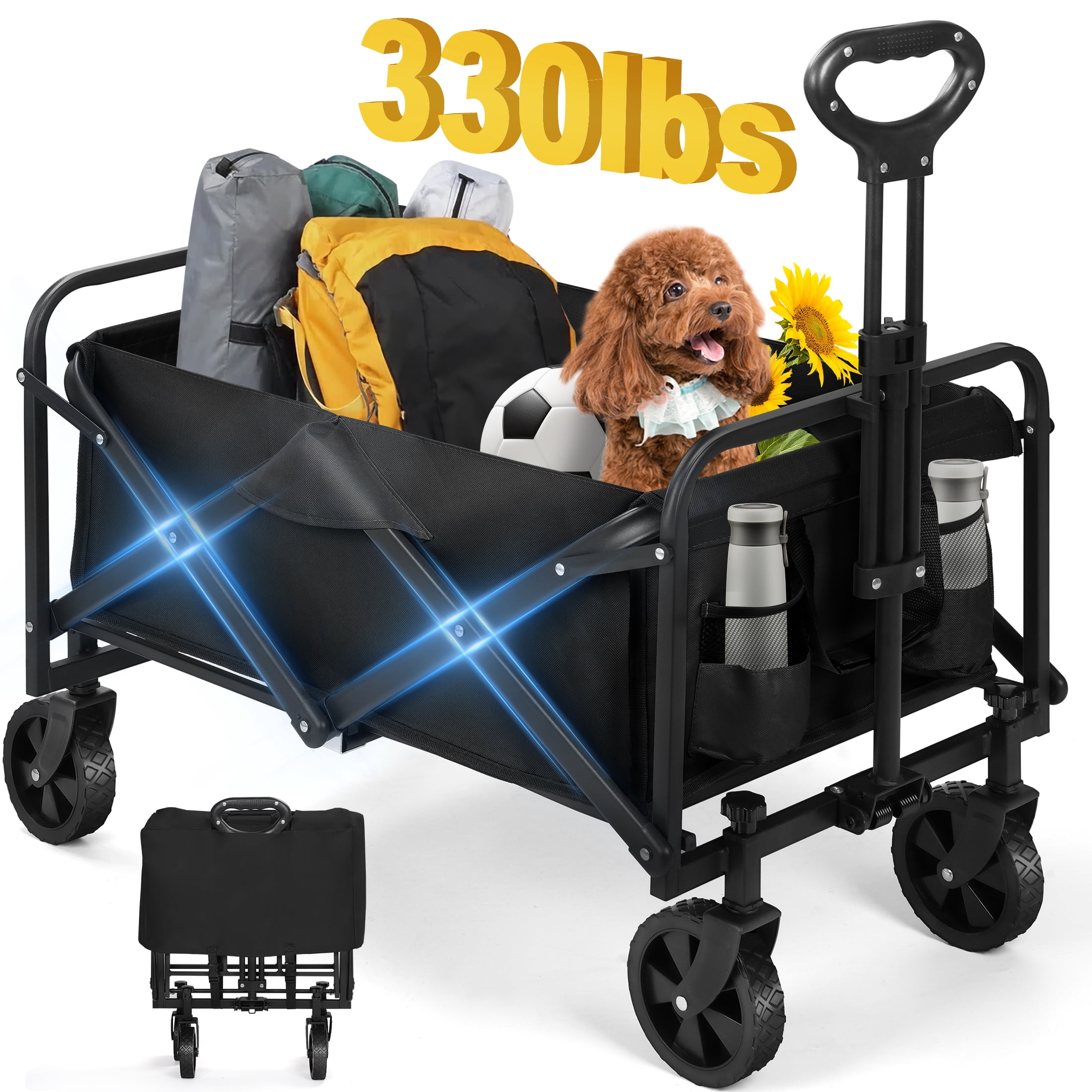 Firstness Collapsible Wagon Cart, Folding Utility Garden Wagon for Camping Beach Picnic Shopping Sports & Grocery, Black