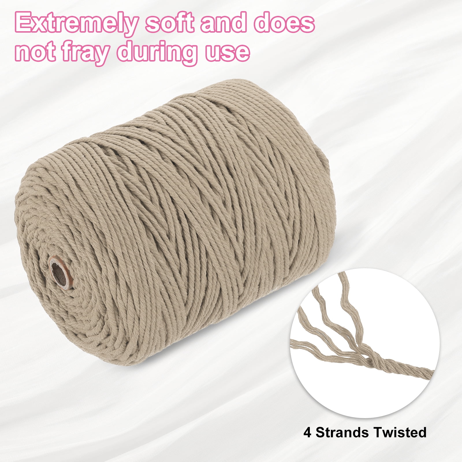 Uxcell Natural Macrame Cord 3mm x 328 Yards 4 Strand Twisted Cotton Macrame Rope for DIY Knitting Plant Wall Hanger Dreamcatcher, Beige Brown