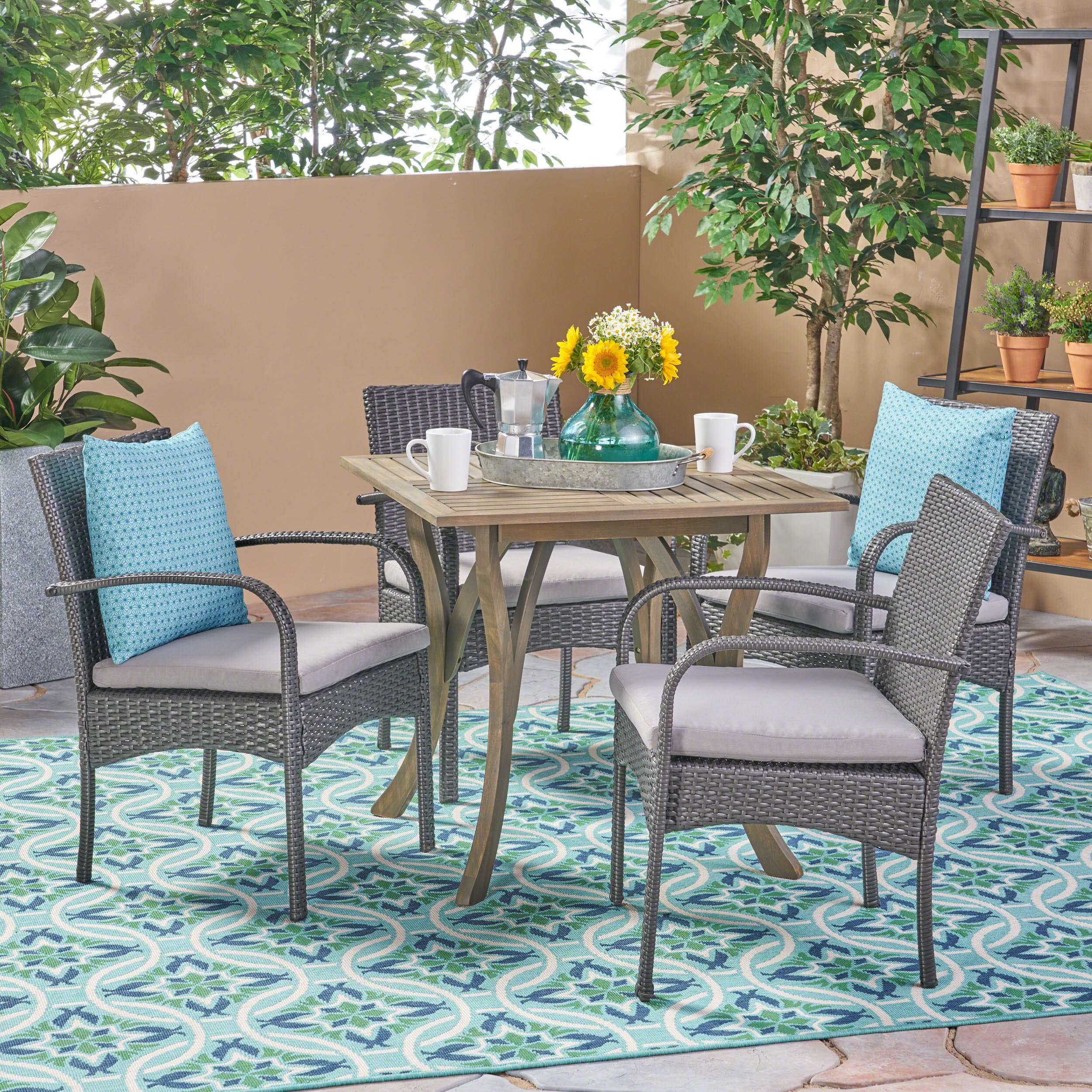 Hayden Outdoor 5 Piece Acacia Wood and Wicker Dining Set with Cushions ...