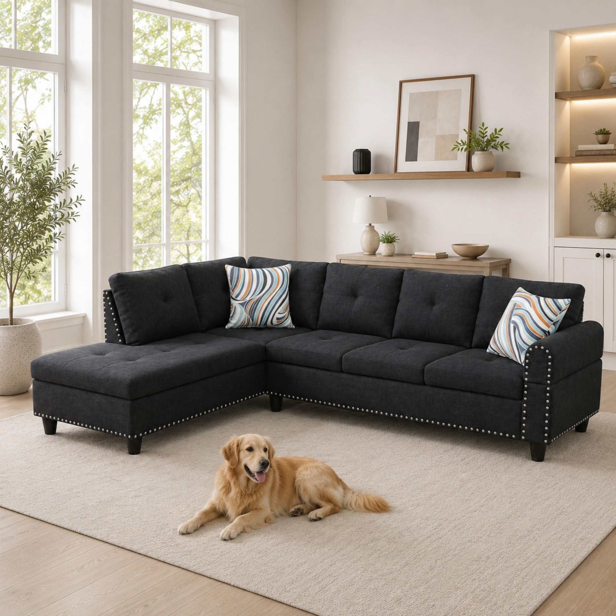 Momspeace 3 Piece Sectional Sofa with Cup Holder, 98" Linen L-Shaped Sofa for Living Room, Black