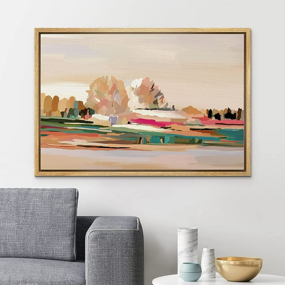 PixonSign Framed Canvas Print Wall Art Multicolor Pastel Forest Country Field Nature Wilderness Illustrations Modern Art Decorative Minimal Rustic for Living Room, Bedroom, Office - 16"x24" Natural