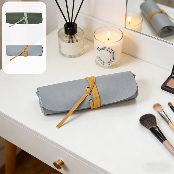 Bolsa De Almacenamiento De Piel Sintética Neceser de maquillaje de cuero de doble cara estilo coreano, organizador de cosméticos para brochas y lápices (azul, 1 pieza) Rkxzt