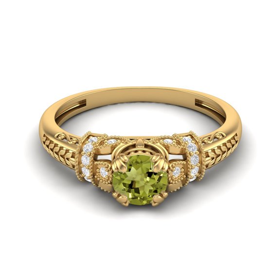 5MM Round Shape Peridot 925 Sterling Silver Yellow Plated Blossom Design Women's Mother's Day Gift Ring