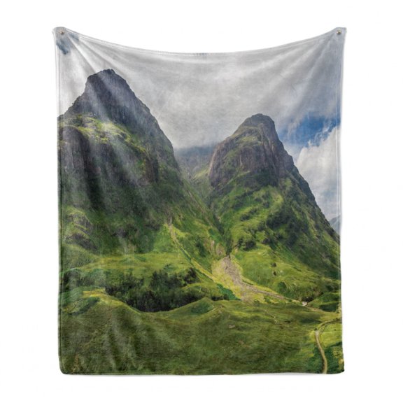 Scotland Soft Flannel Fleece Throw Blanket, Glencoe Scottish Highlands Mountain Exquisite Hills Under Cloudy Sky View, Cozy Plush for Indoor and Outdoor Use, 50" x 60", Fern Green White, by Ambesonne