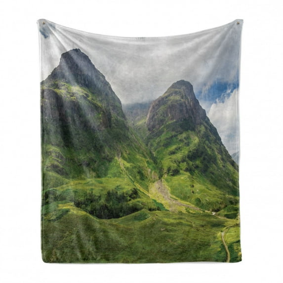 Scotland Soft Flannel Fleece Throw Blanket, Glencoe Scottish Highlands Mountain Exquisite Hills Under Cloudy Sky View, Cozy Plush for Indoor and Outdoor Use, 50" x 70", Fern Green White, by Ambesonne