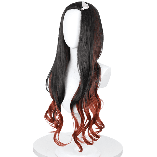Peluca larga para cosplay, rizada, negra y roja, 85 cm, sintética, para todos
