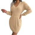 thumbnail image 2 of Ediodpoh Women Elegant Long Sleeve V Neck Slim Back Embroidery Party Autumn Ribbed Knitted Bodycon Sweater Dress Sweater Dresses Khaki S, 2 of 8