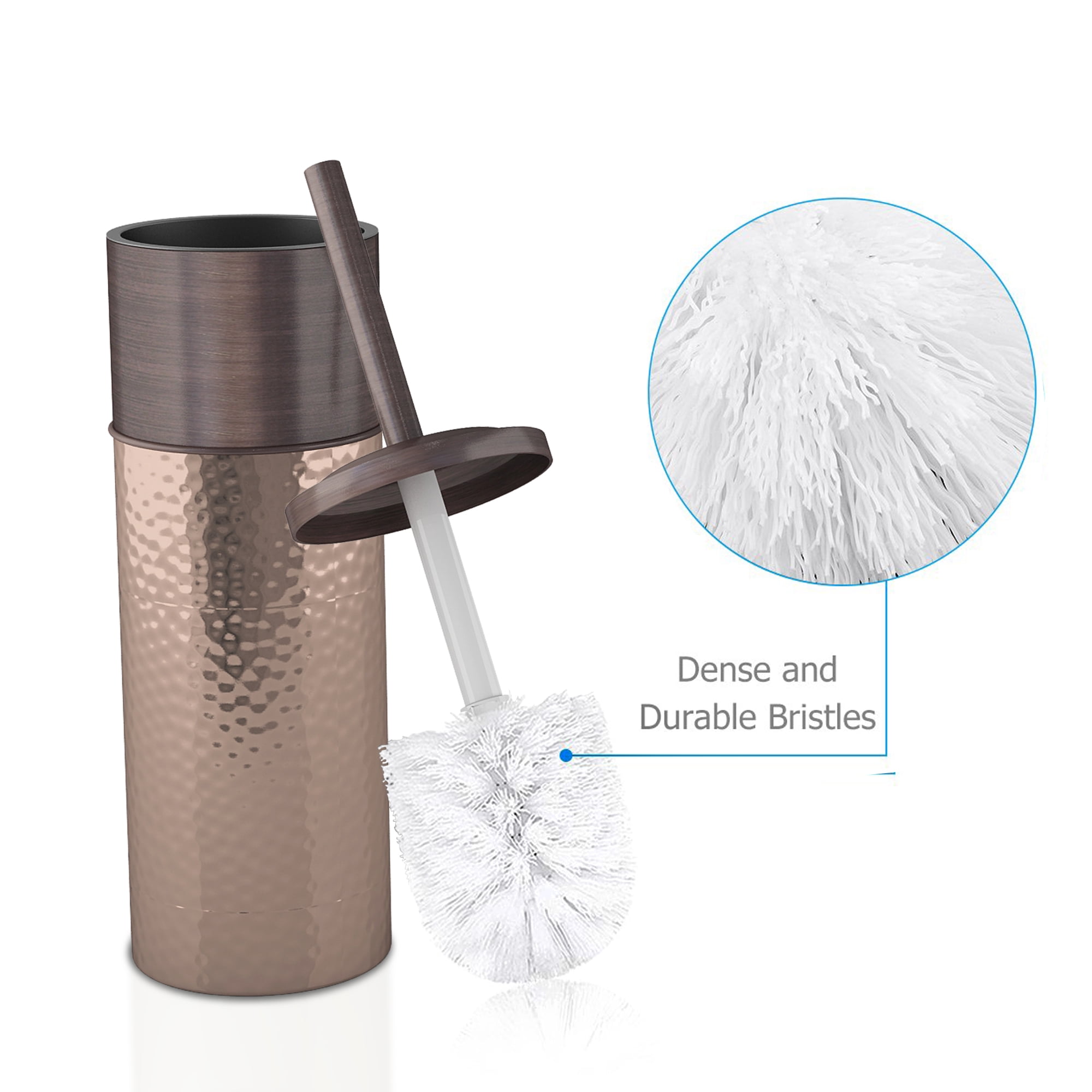 Slim Compact Stainless Steel Toilet Brush Holder For Bathroom Storage - Sturdy, Deep Cleaning, Metal in a Hammered Copper/Orb Finish combination.
