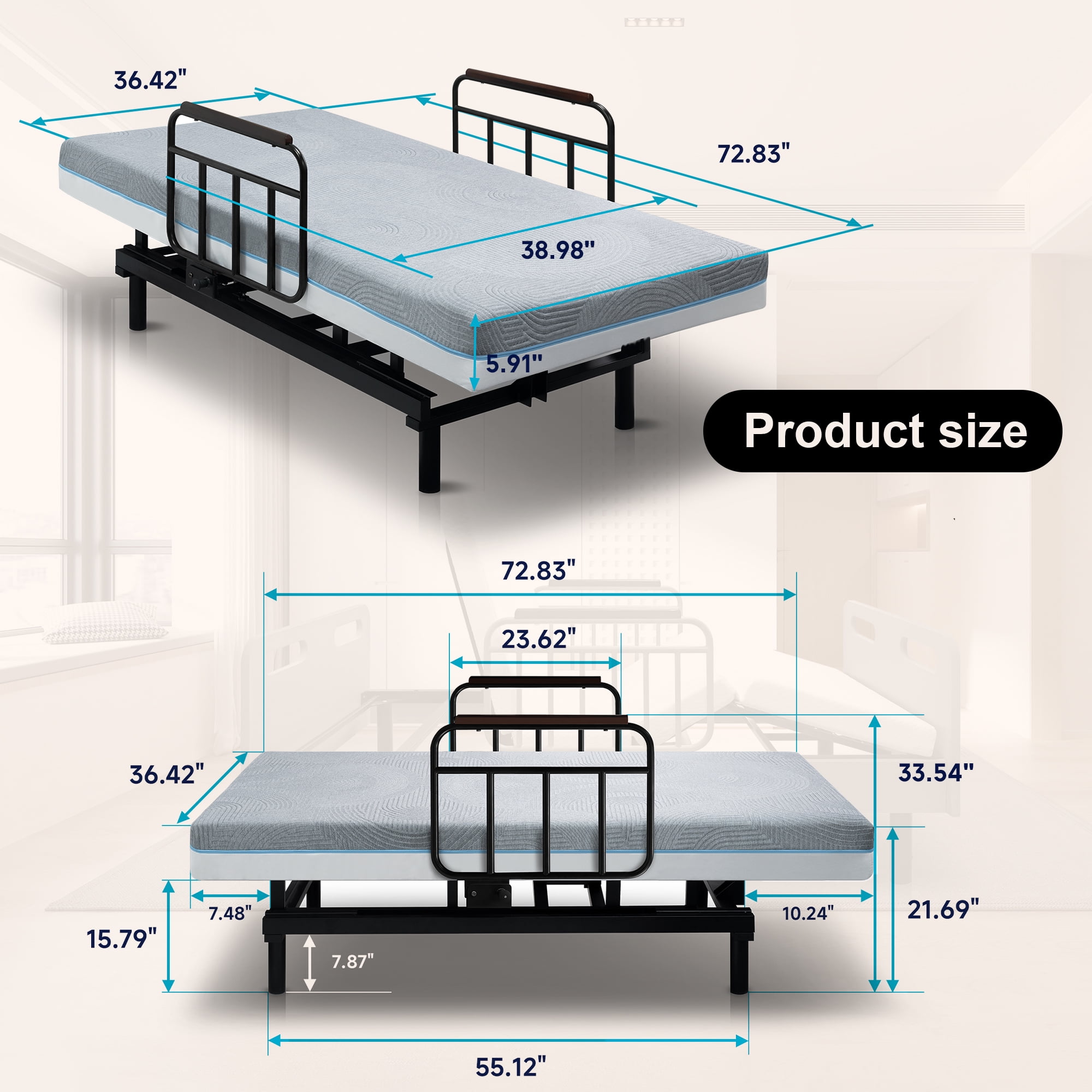 Montary Electric Hospital Bed - One-Touch Remote Back/Leg Adjust, Safety Rails & Stand Assist, for Elderly/Pregnancy Care