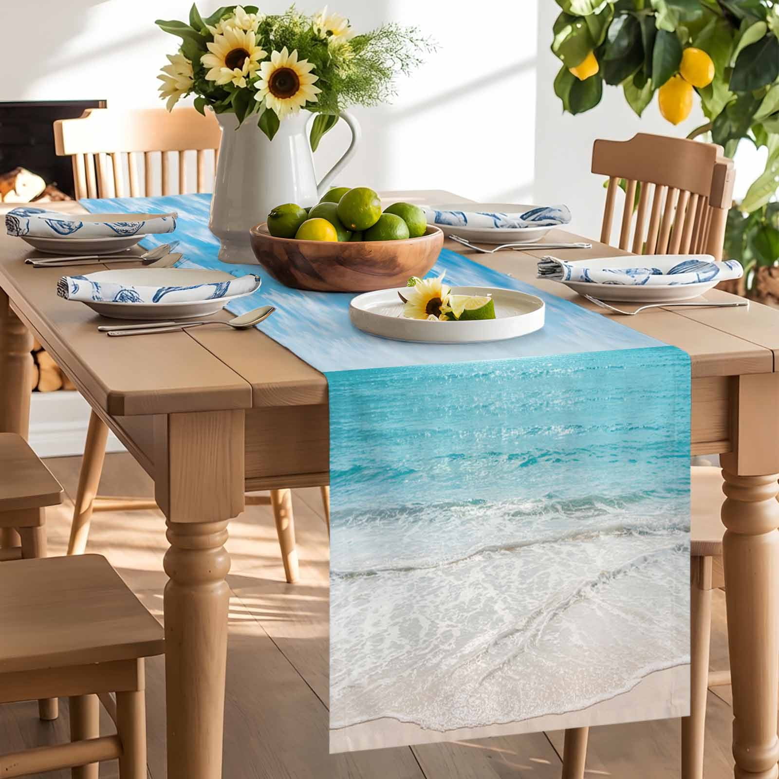 Summer Beach Blue Ocean Waves Table Runner 90 Inches Long, Coastal Nautical Style Table Runners Tabletop Scarf Kitchen Dining Tables Decoration for Home Party Indoor Outdoor