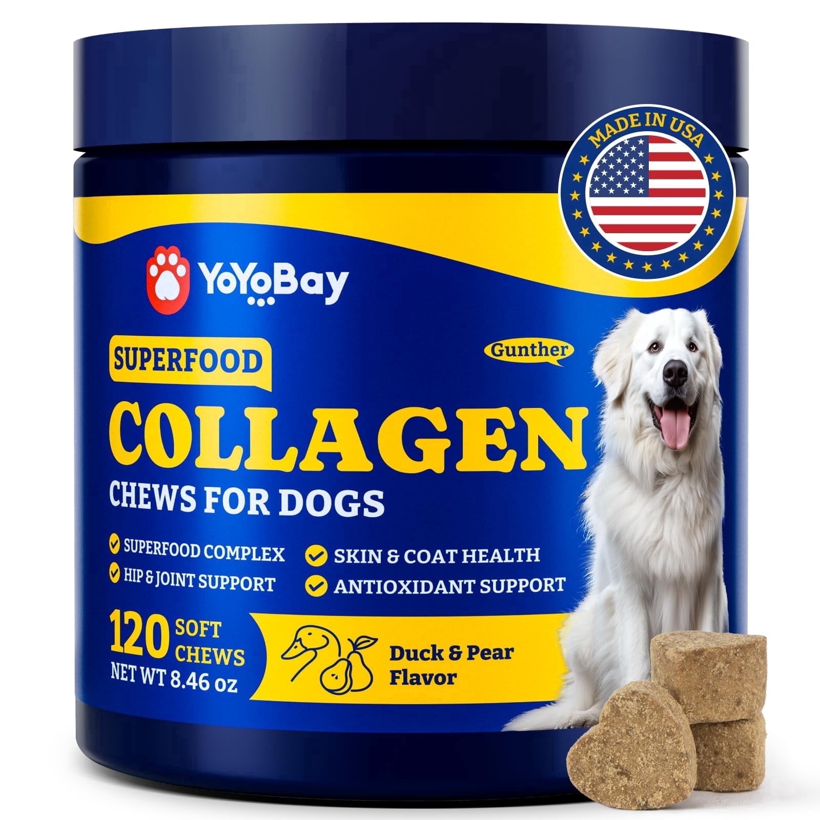 YoYobay Collagen for Dogs - Soft Chews for Hip, Joint, Cartilage & Mobility Support, Skin & Coat Supplement for Dogs, with Types I, II & III Collagen and Superfood - 120 Count, Duck & Pear Flavor