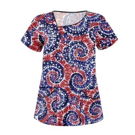 

TKing Fashion Womens Summer Plus Size Independence Day Short Sleeve V-Neck Printed Tops Scrub Care Workwear T-Shirt with Pocket Wine M