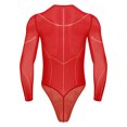 thumbnail image 2 of Miaeowve Men's Sheer Mesh Long Sleeve Bodysuit Rhinstone High Cut T-back Leotard Muscle Undershirt Red XXL, 2 of 7