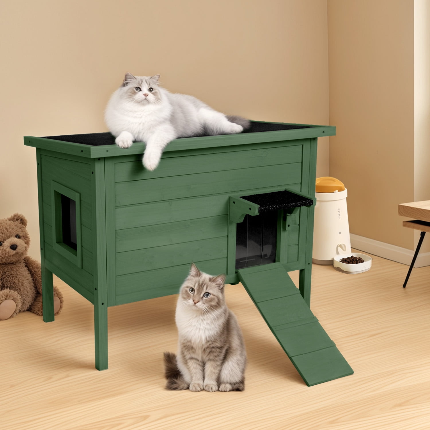 Outdoor Cat House Insulated for Multiple Cats, Weatherproof Large Wooden Pet House, Feral Cat Shelter, Foldable Ladder and Acrylic Side Window, Dark Green