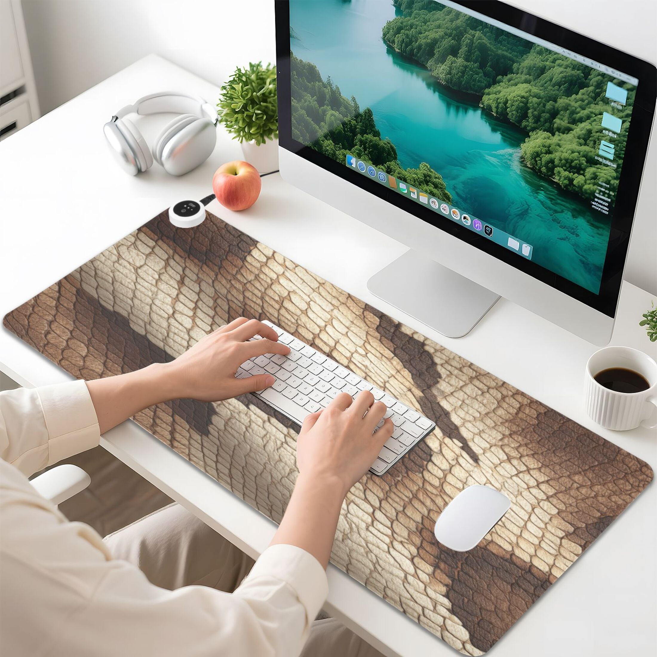 Large Heated Desk Mat Mouse Pad 31.5"x13"PU Leather Graphene Heating Desk Warmer with 3 Temperature Settings 110V US Plug Non-Slip Warm Pad for Home, Office, and Gaming Brown Snake Skin Pattern