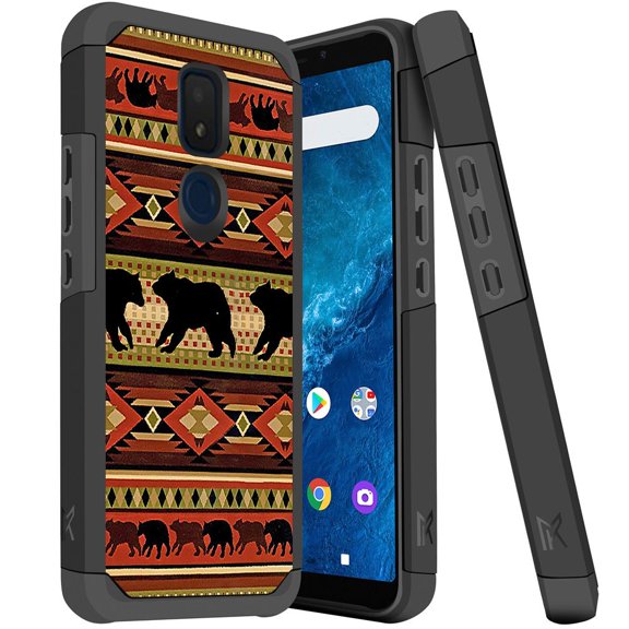 ANJ  Slim Dual Layer Hybrid Shockproof Case   Tempered Glass Cover for Cricket Icon 3, Splendor, AT&T Motivate 2 - Tribal Bear