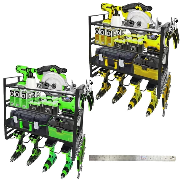 (2 Pack) Power Tool Organizer Wall Mount, 4-Layer Heavy-Duty Tool Storage Shelf, 4 Drill Holder Wall Mount Tool Rack with Screwdriver, Plier, and Hammer Holders for Garage Workshop