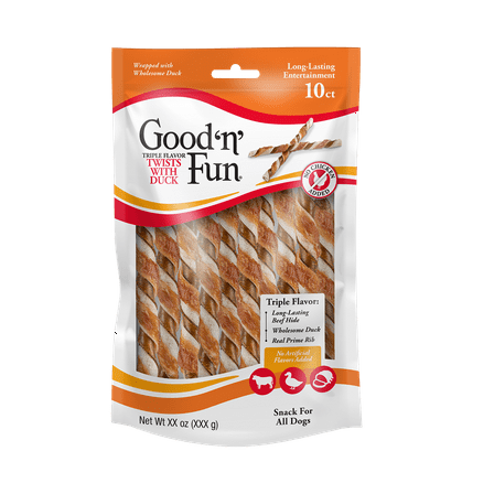 Good 'n' Fun Triple Flavor Twists, Duck, Prime Rib and Beef, Rawhide Chews for All Dogs, 10 Count