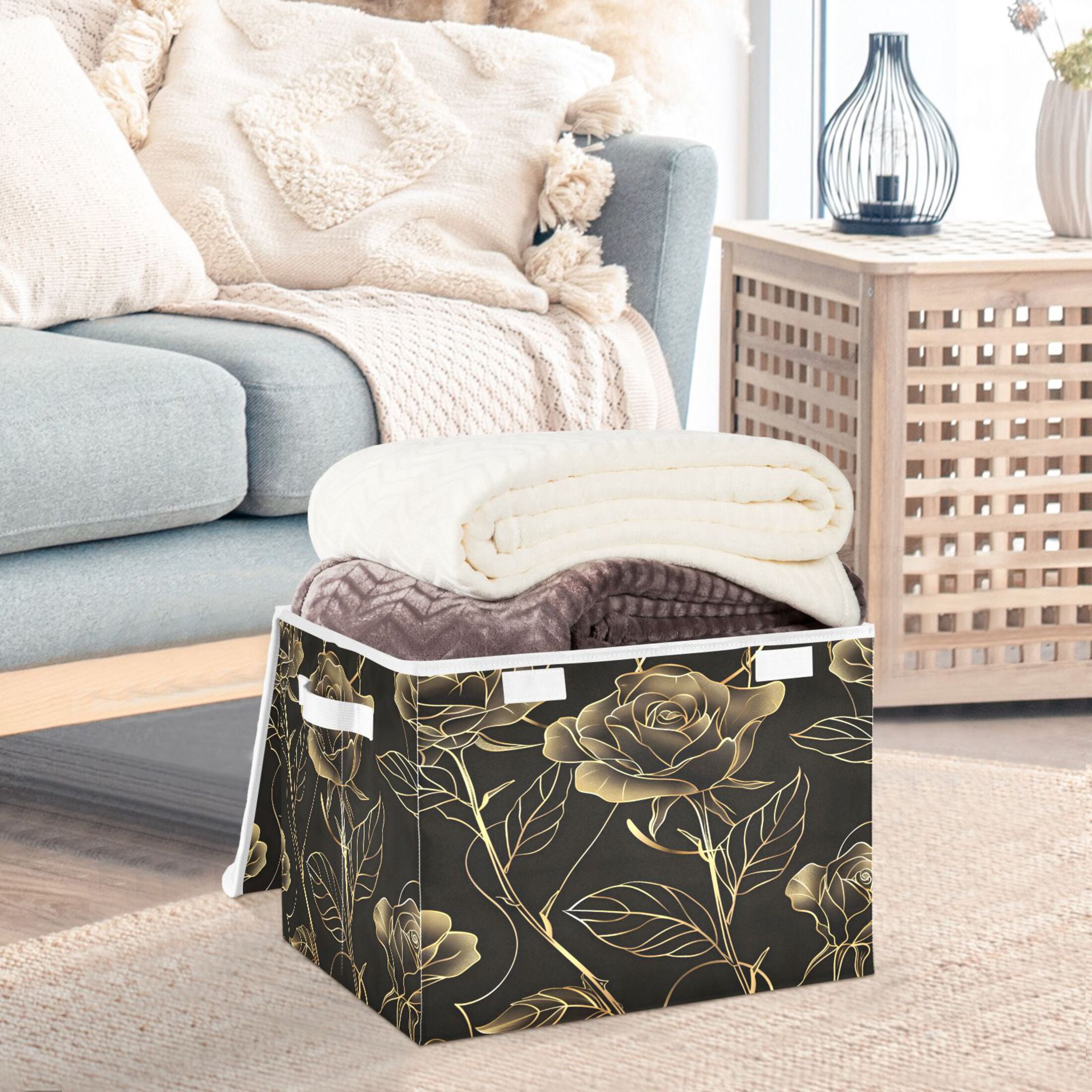 Ryvnso Botanical Elegant Rose Flower Large Lidded Foldable Storage Baskets Cubes Boxes Lids Bin for Home
