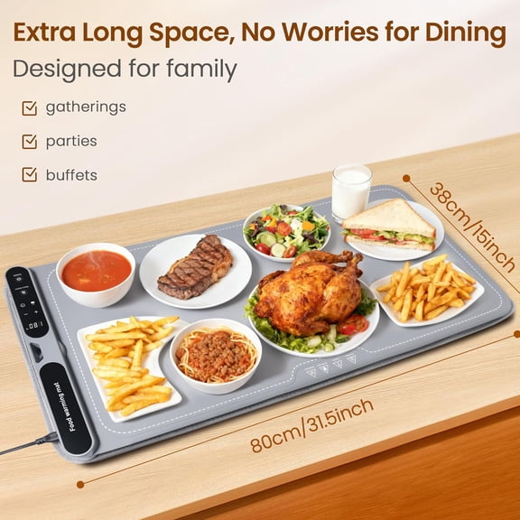 Electric Warming Mat for Food  Large, Silicone Rollable Warming Tray - 8s Rapid Full Surface Heating | 7 Temp Settings | 8H Timer | Auto Shut-Off |  Lock, for Buffet Party (XL)