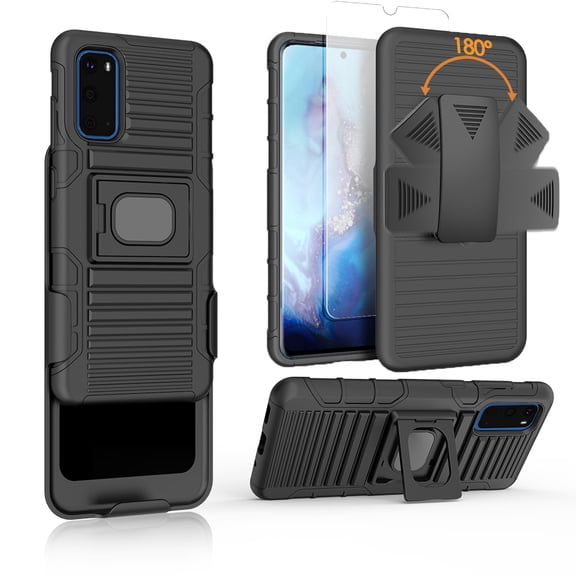 Compatible for Samsung Galaxy S20 Case with Tempered Glass Screen Protector Belt Clip Holster Defender Rugged Shock Proof Armor Heavy Protection Phone Cover w/ Magnetic Mount Plate [Black]