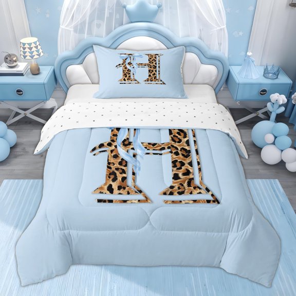 Erosebridal Kids Princess Bow Twin Comforter Sets, Cheetah Print H Letter Bedding Set, Blue, 2-Piece