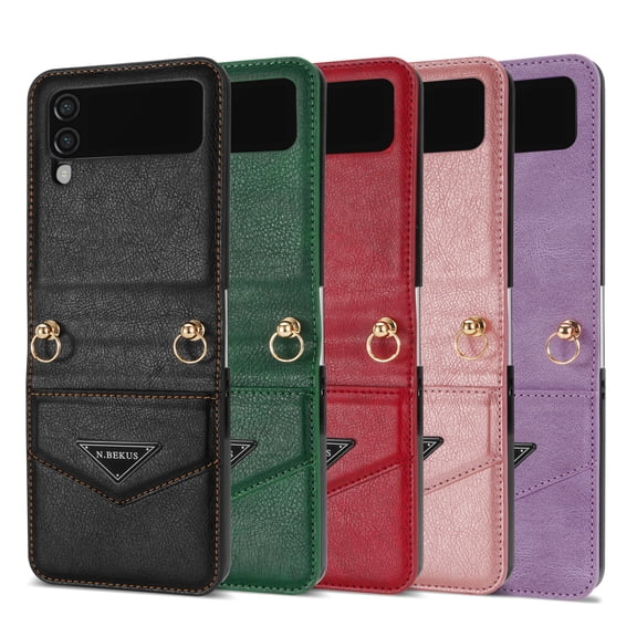 For Samsung Galaxy Z Flip 4 Luxury Leather Card Pocket Ultra Slim Crossbody Strap Girls Case Cover - Black