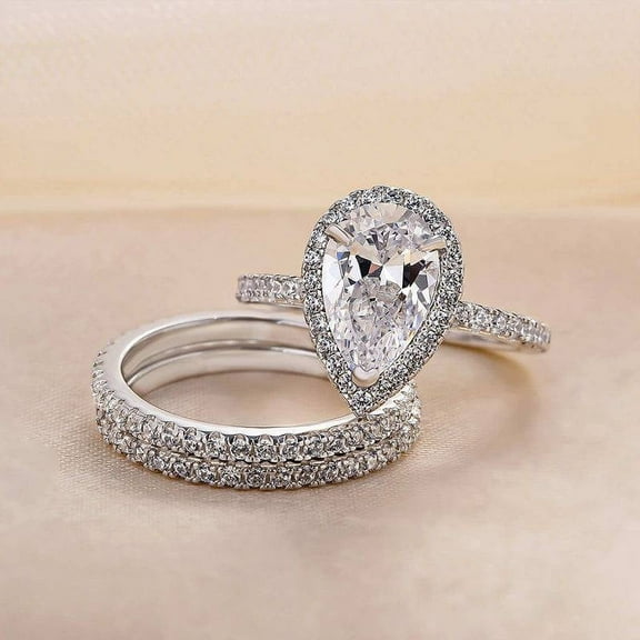 Veda Jewel 1.6 Ct Pear Cut Engagement Halo Trio Ring Set - Lab Created Diamond in 14K White Gold Plated - Wedding Ring Set for Women's - Captivating Jewelry Gift
