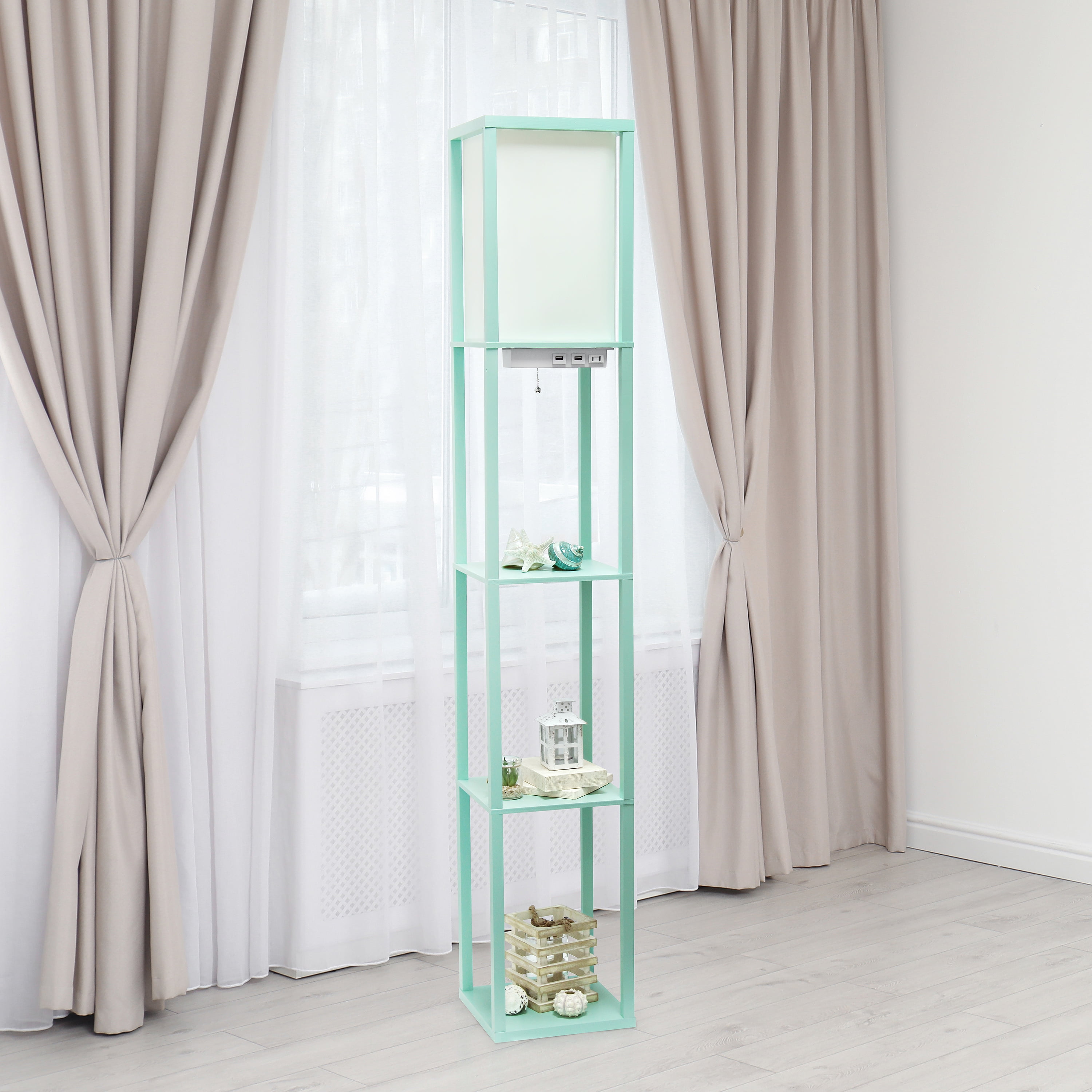 Simple Designs 62.5" 3-Shelf Etagere Floor Lamp with USB, Outlet & LED Bulb, Aqua