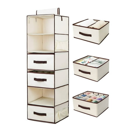 - StorageWorks Foldable Hanging Closet Organizer With Drawer, 6-Shelf, Natural, Polyester Canvas