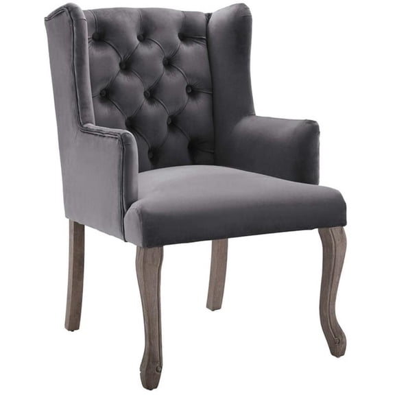 Maklaine 20" French Vintage Velvet & Wood Dining Armchair in Gray