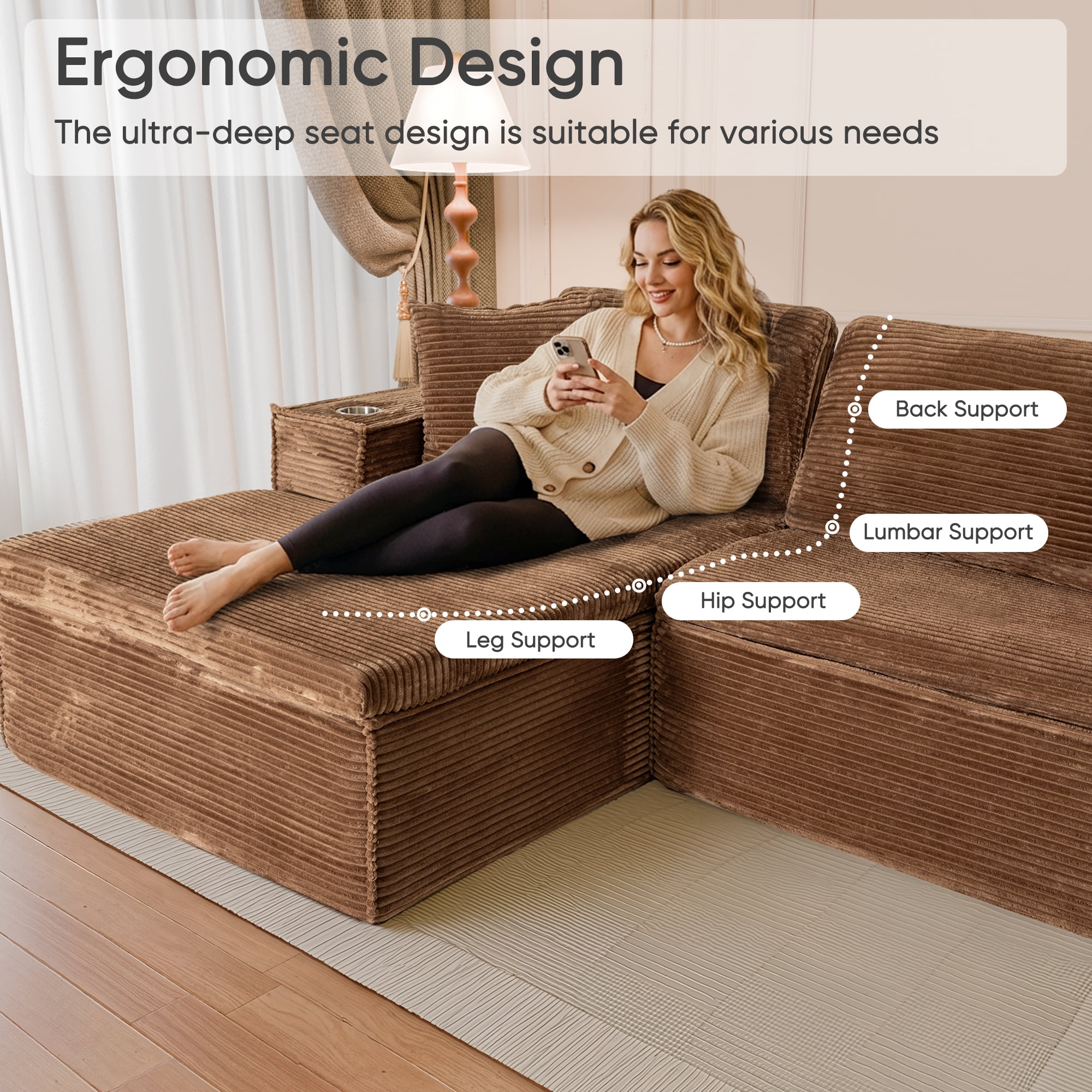 Homall 109" L-Shape Memory Foam Modular Sectional Sofa 3 Seat Oversized Upholstered Deep Seat Sofa Couch for Living Room,Bedroom and Apartment,Brown