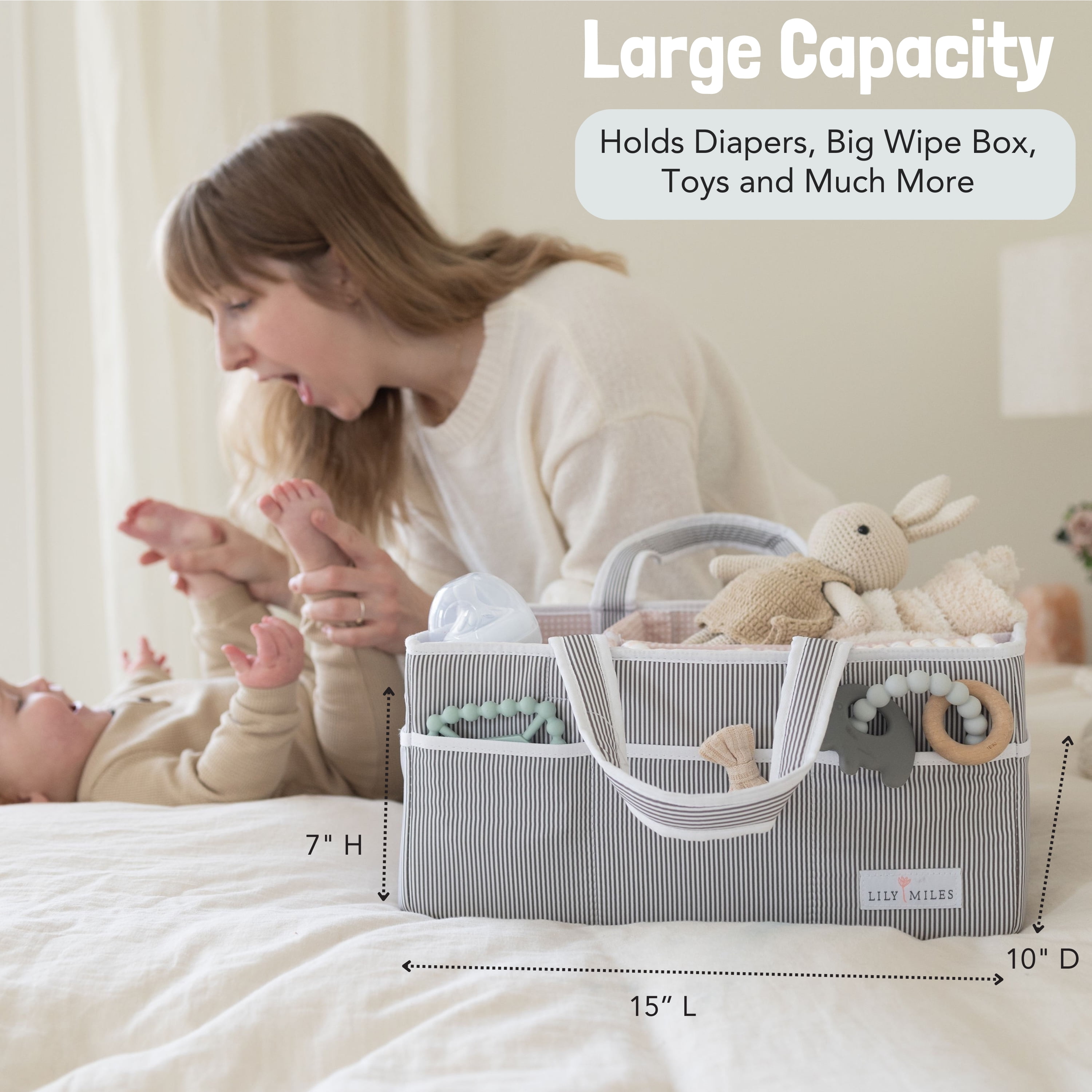 Lily Miles Baby Diaper Caddy Organizer for Baby Girls - Nursery Changing Table Organizer - Baby Shower Gifts (Gray/Blush, Large)