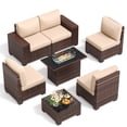 thumbnail image 3 of Techmilly Patio Furniture Set with Fire Pit Table, Outdoor Patio Sofa Set With Wide Armrest, All-Weather Wicker Rattan Guest Set With Cushion And Glass Table And Waterproof Cover, Brown&Khaki, 3 of 8