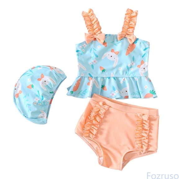 Fozruso Baby Swimsuit Girl Toddler Bathing Suit Girl Summer Beach Bikini Tankini Swimwear Hat 3 24 Months 2t 5t 3 Piece Swimsuit Sizes 12-18 Months